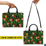 Carrying options demonstrated with top handle carry and shoulder strap wear for Christmas cat handbag