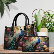 Peacock and rose handbag beside a matching wallet on a tabletop