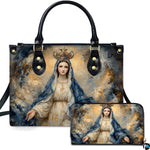 Crowned Virgin Mary in blue mantle with blessing hands on matching handbag and wallet set