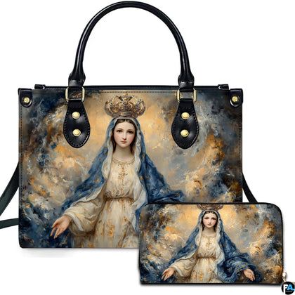 Crowned Virgin Mary in blue mantle with blessing hands on matching handbag and wallet set