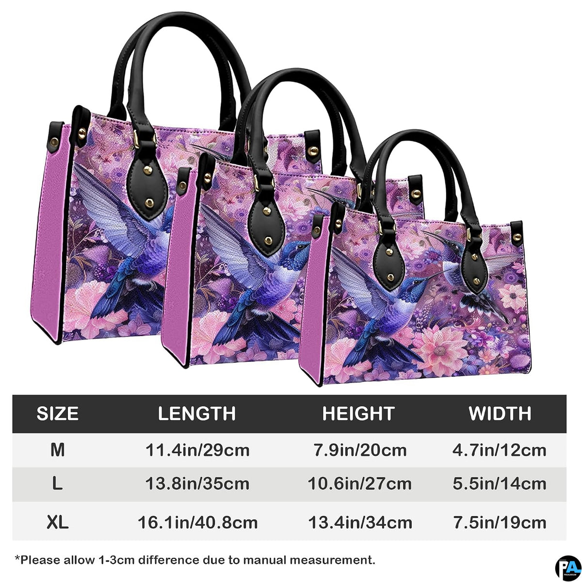 Complete set presentation of purple dual hummingbird handbag and matching wallet on neutral backdrop.