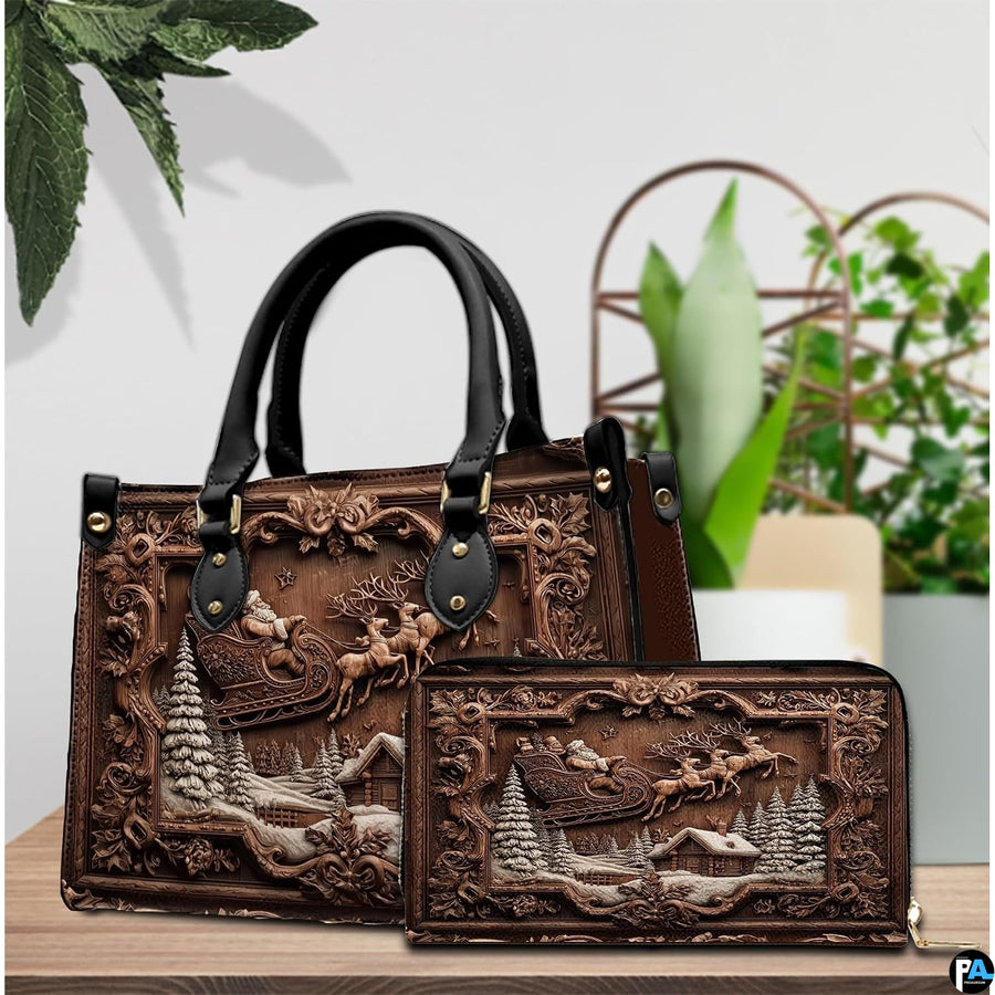 Carved wood style holiday handbag and matching wallet displayed on a wooden tabletop with greenery