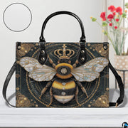 Side profile view showing structured silhouette and black carrying handles of the handbag.