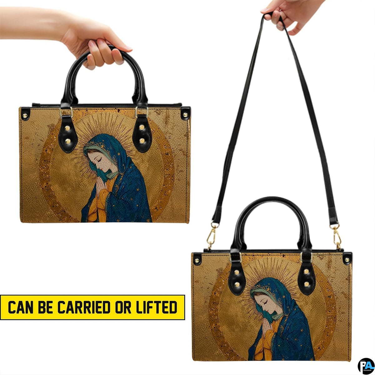 Carrying options for gilded Virgin Mary handbag with handles and shoulder strap.