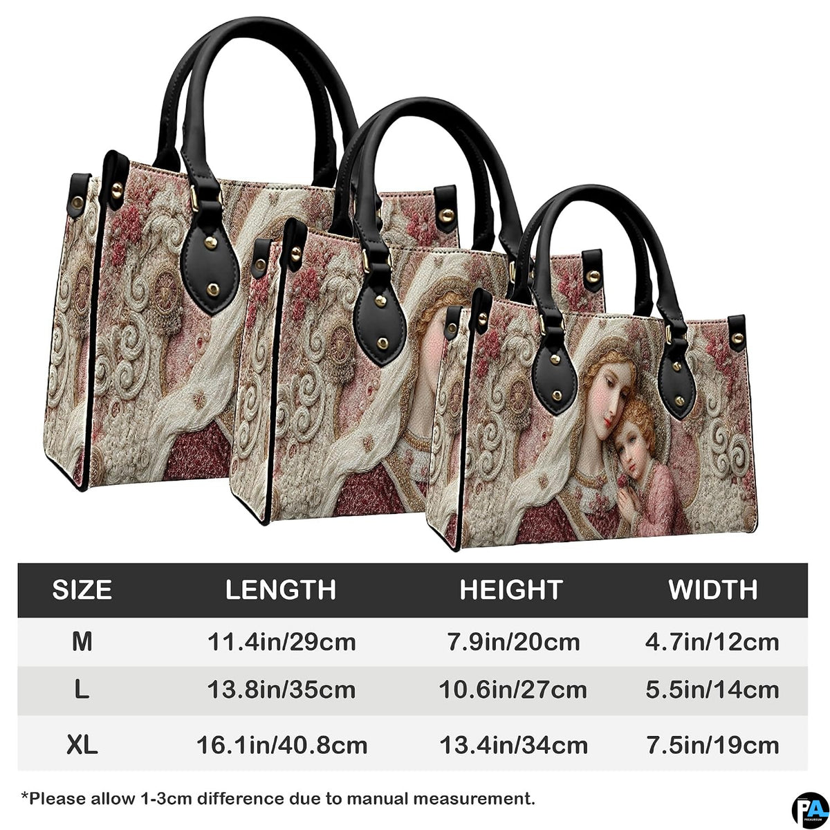 Size chart illustrating medium, large, and extra-large dimensions for the sacred handbag.