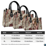 Size chart illustrating medium, large, and extra-large dimensions for the sacred handbag.