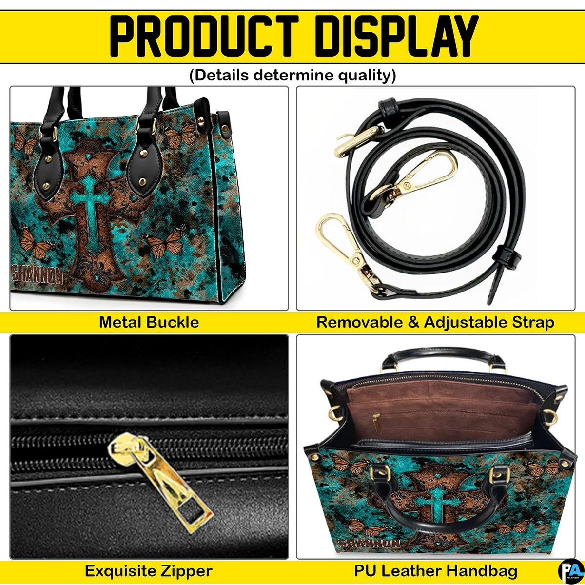 Top-down view of turquoise cross butterfly handbag showing dual carrying handles.