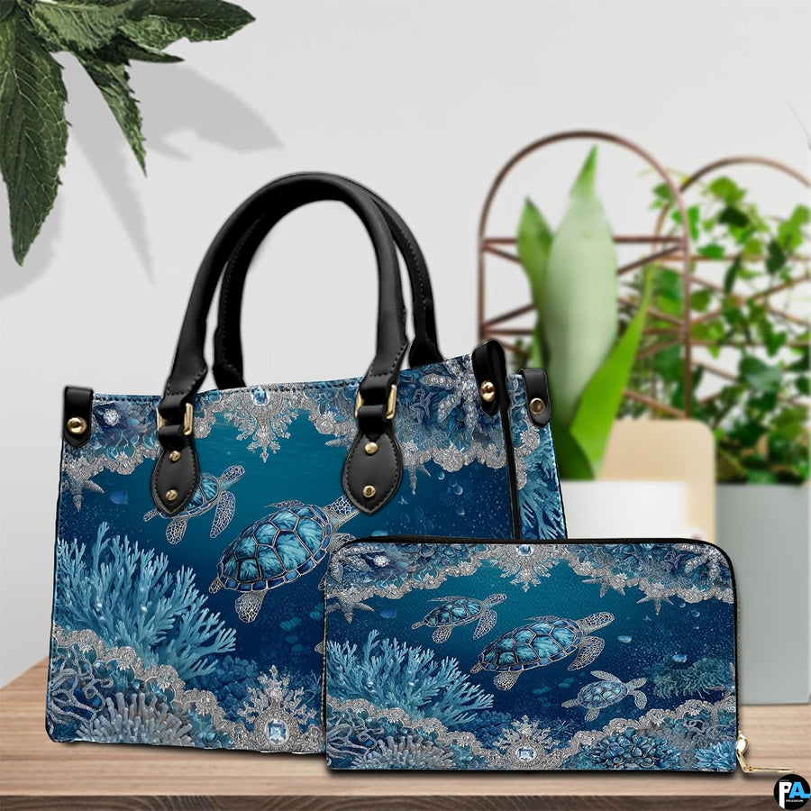 Side view of structured sea turtle handbag displaying sleek profile and black carrying handles.