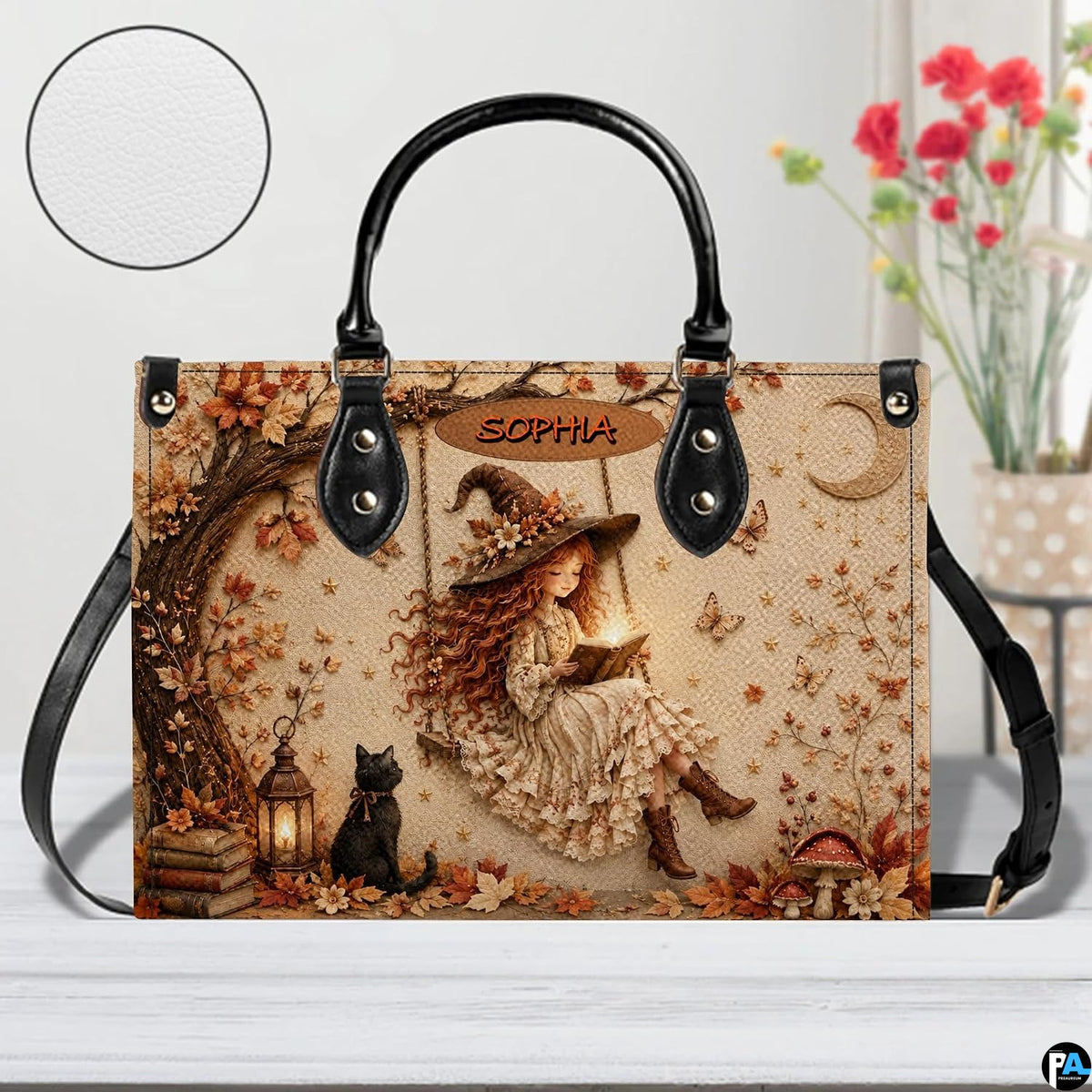 Autumn witch satchel displayed on white table surface with circular texture sample inset.