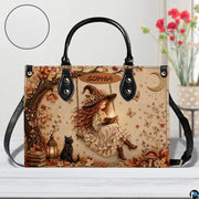 Autumn witch satchel displayed on white table surface with circular texture sample inset.