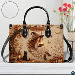 Autumn witch satchel displayed on white table surface with circular texture sample inset.