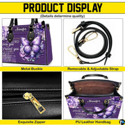 Interior compartment view displaying lining and inner organization of violet floral handbag.