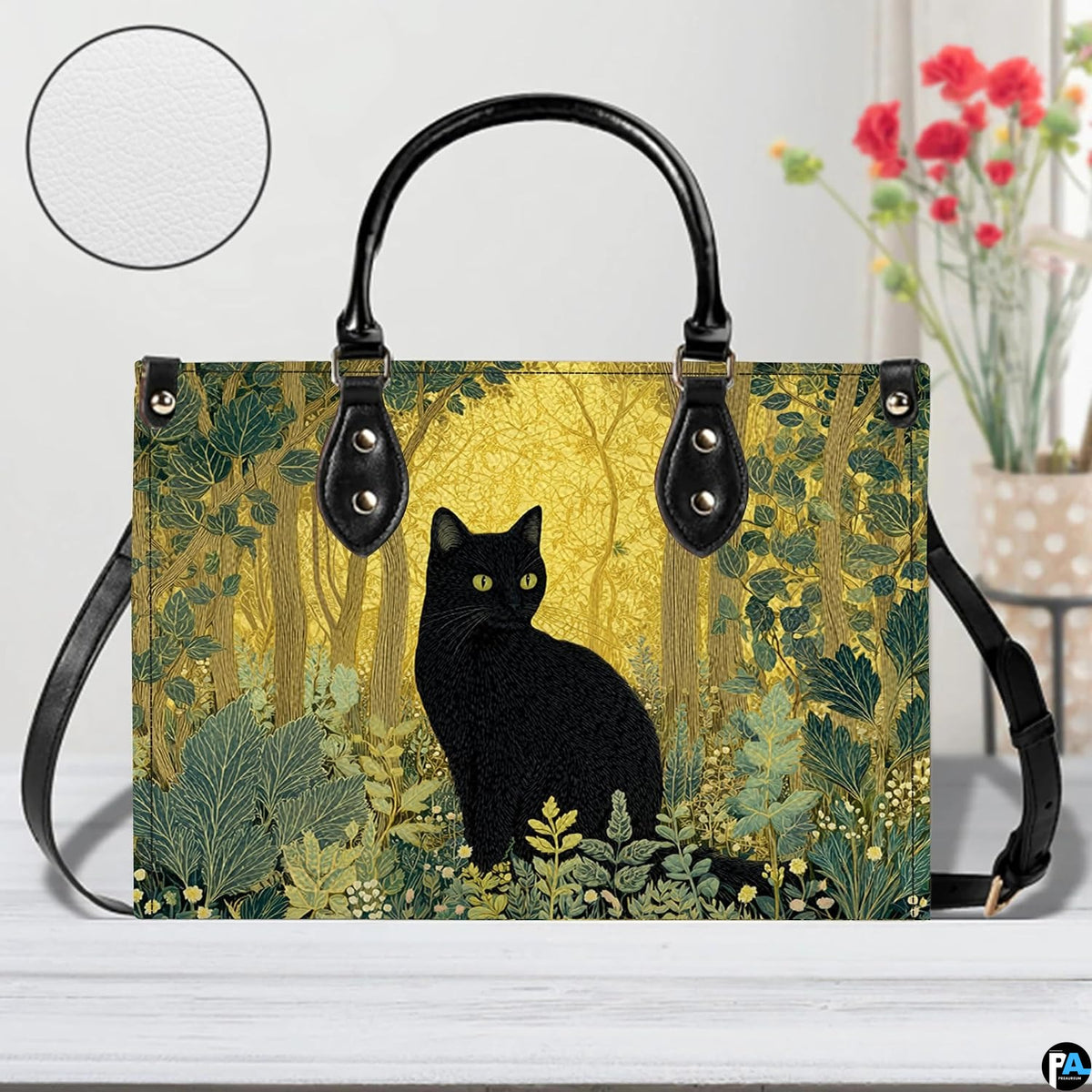 Studio perspective of black cat woodland design resting on white painted wood beside floral blossoms.