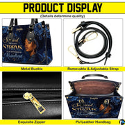 Four panel presentation highlighting graphic elements, metallic hardware accents, and interior view.