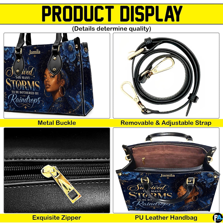 Four panel presentation highlighting graphic elements, metallic hardware accents, and interior view.