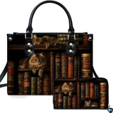 Vintage Library Bookshelf Cats Handbag and Matching Wallet Set