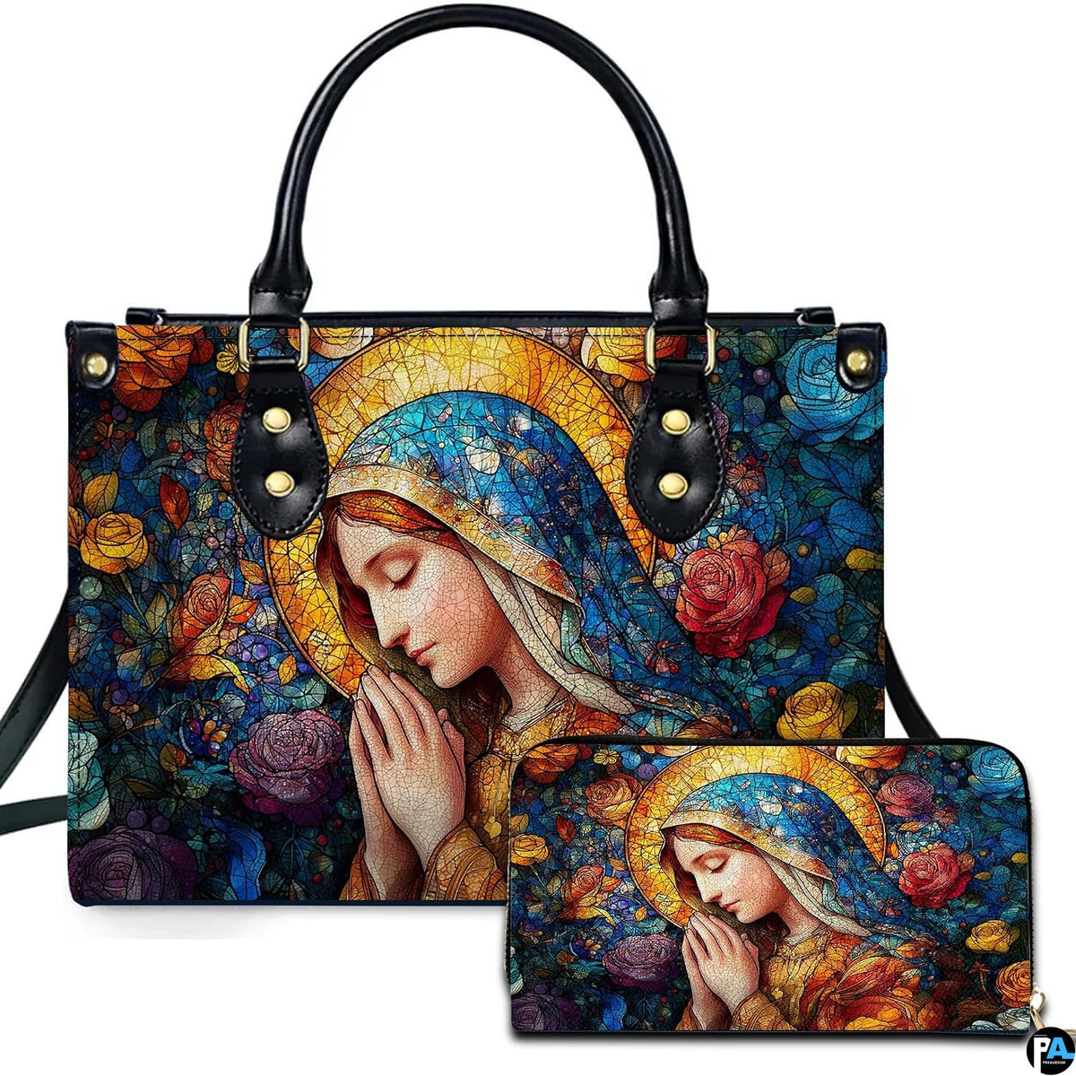 Praying Virgin Mary rose garden stained glass handbag and matching wallet with colorful floral mosaic