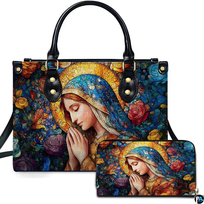 Praying Virgin Mary rose garden stained glass handbag and matching wallet with colorful floral mosaic