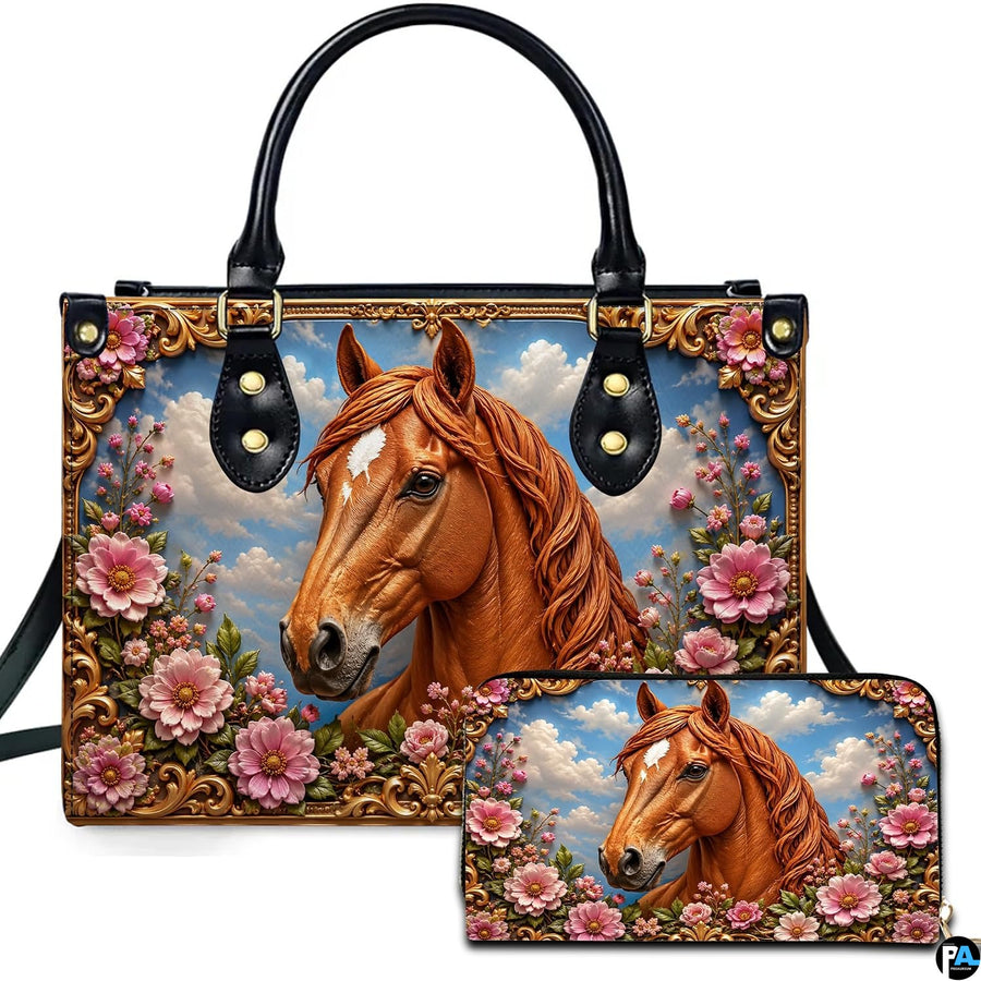 Chestnut horse floral art accessory displayed beside companion piece on white surface showing gilded equine portrait.
