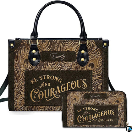Brown and gold peacock feather handbag with dark panels and matching accessory
