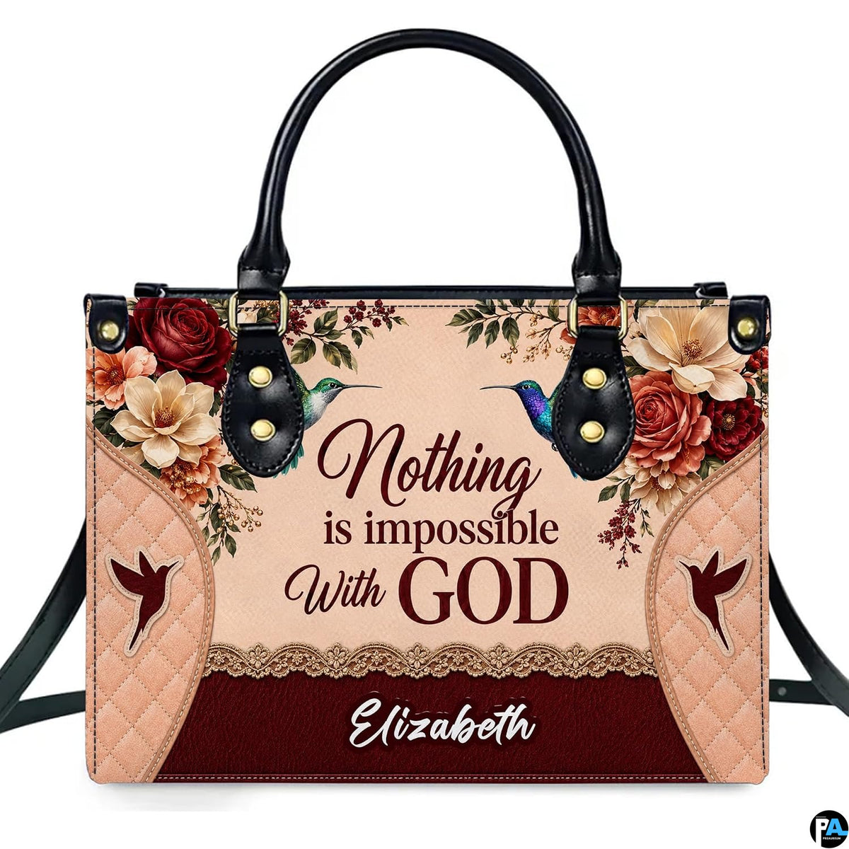 Faith handbag displaying flying hummingbirds, burgundy rose garland, quilted side panels, and devotional lettering.