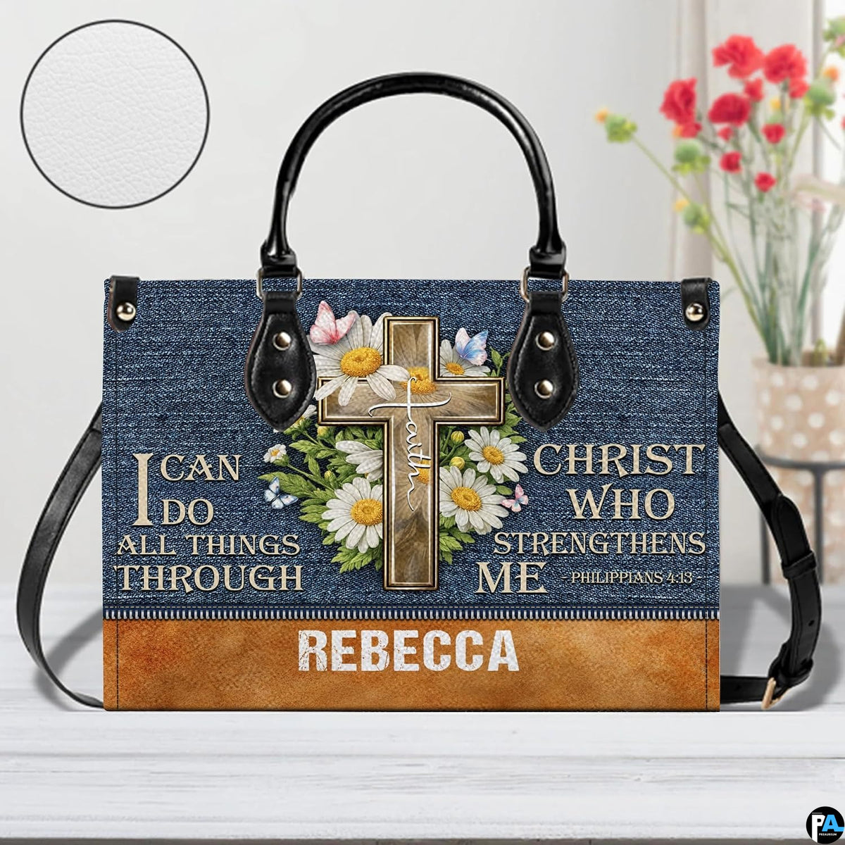 Model lifestyle view illustrating natural drape and proportion of the scripture floral accessory ensemble