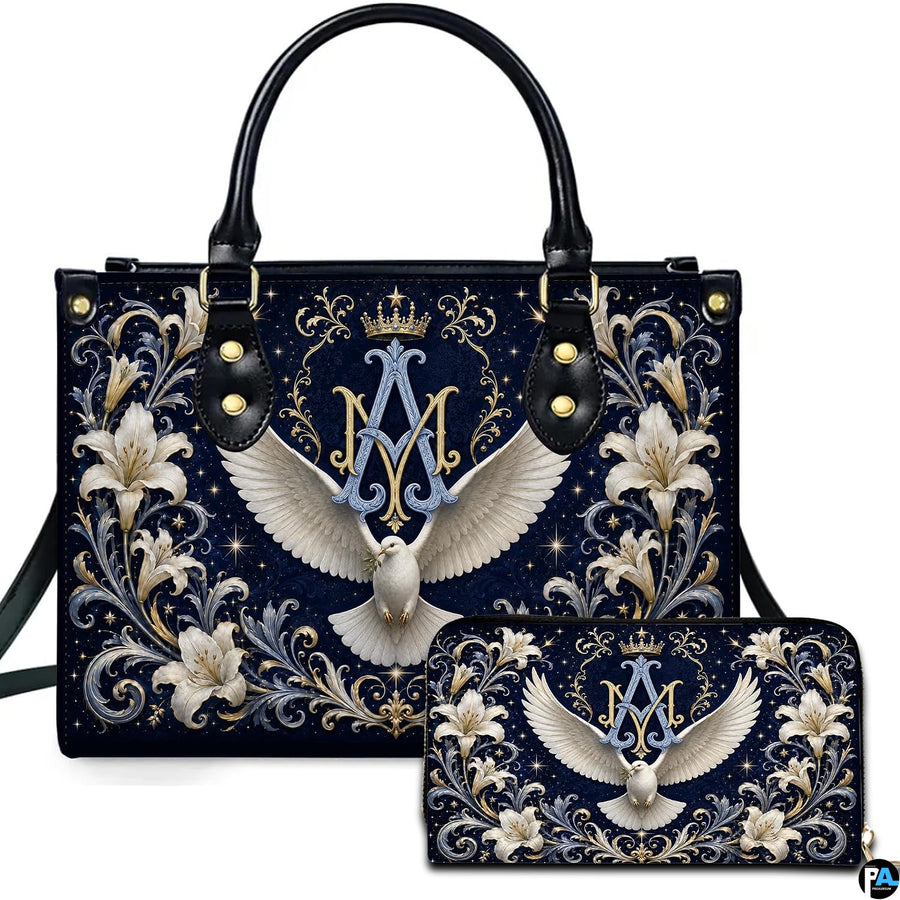 Front view of Marian monogram and dove handbag and matching wallet set with white lilies on navy