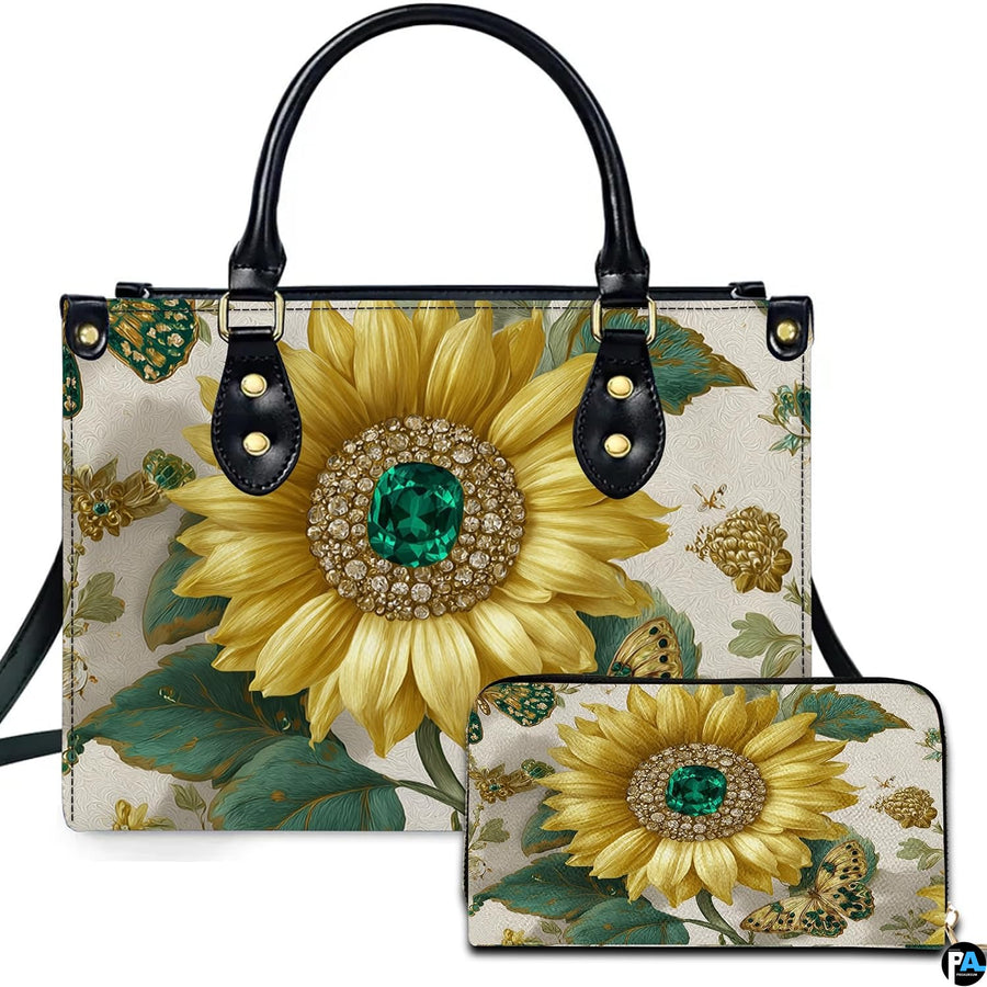 Jeweled emerald sunflower handbag and matching wallet set on white backdrop