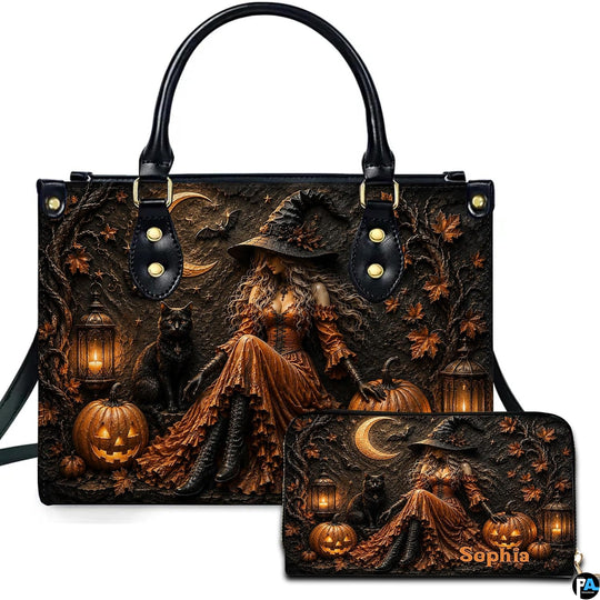 Personalized Witch Handbag with Purse, Custom Name Gothic Leather Bag Set for Women, Halloween Shoulder Bag, Witch Gift