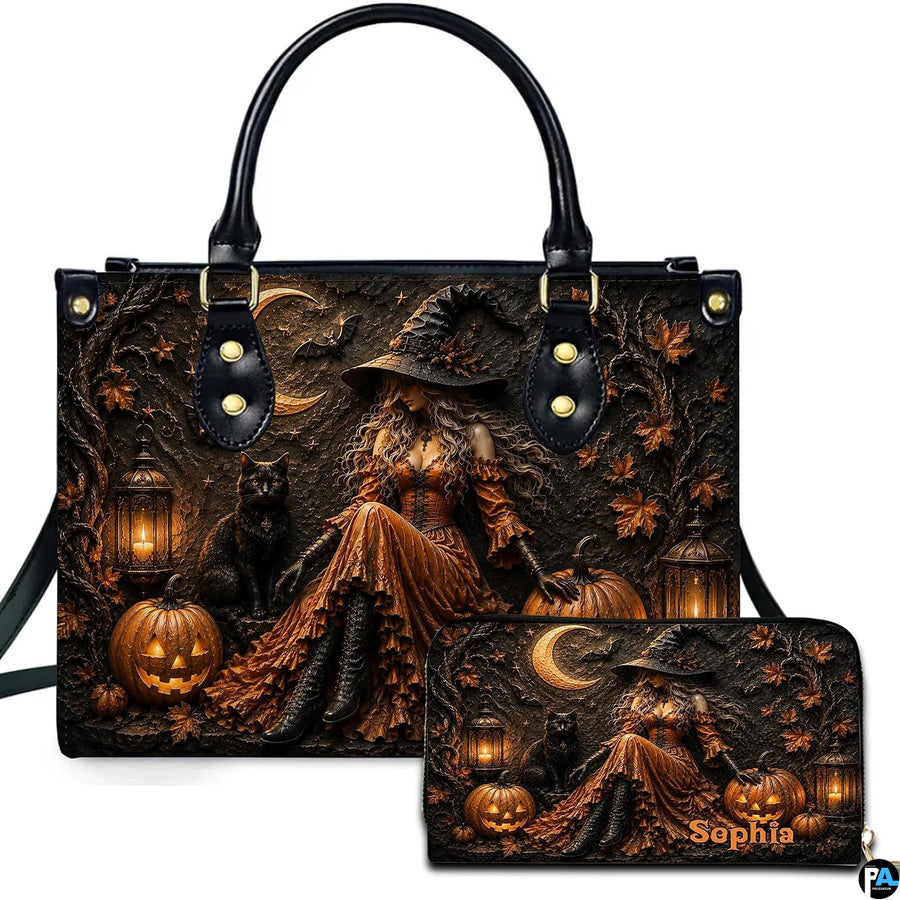 Personalized Witch Handbag with Purse, Custom Name Gothic Leather Bag Set for Women, Halloween Shoulder Bag, Witch Gift