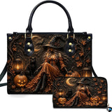 Gothic Witch Pumpkin Cat Lantern Handbag and Matching Wallet Set