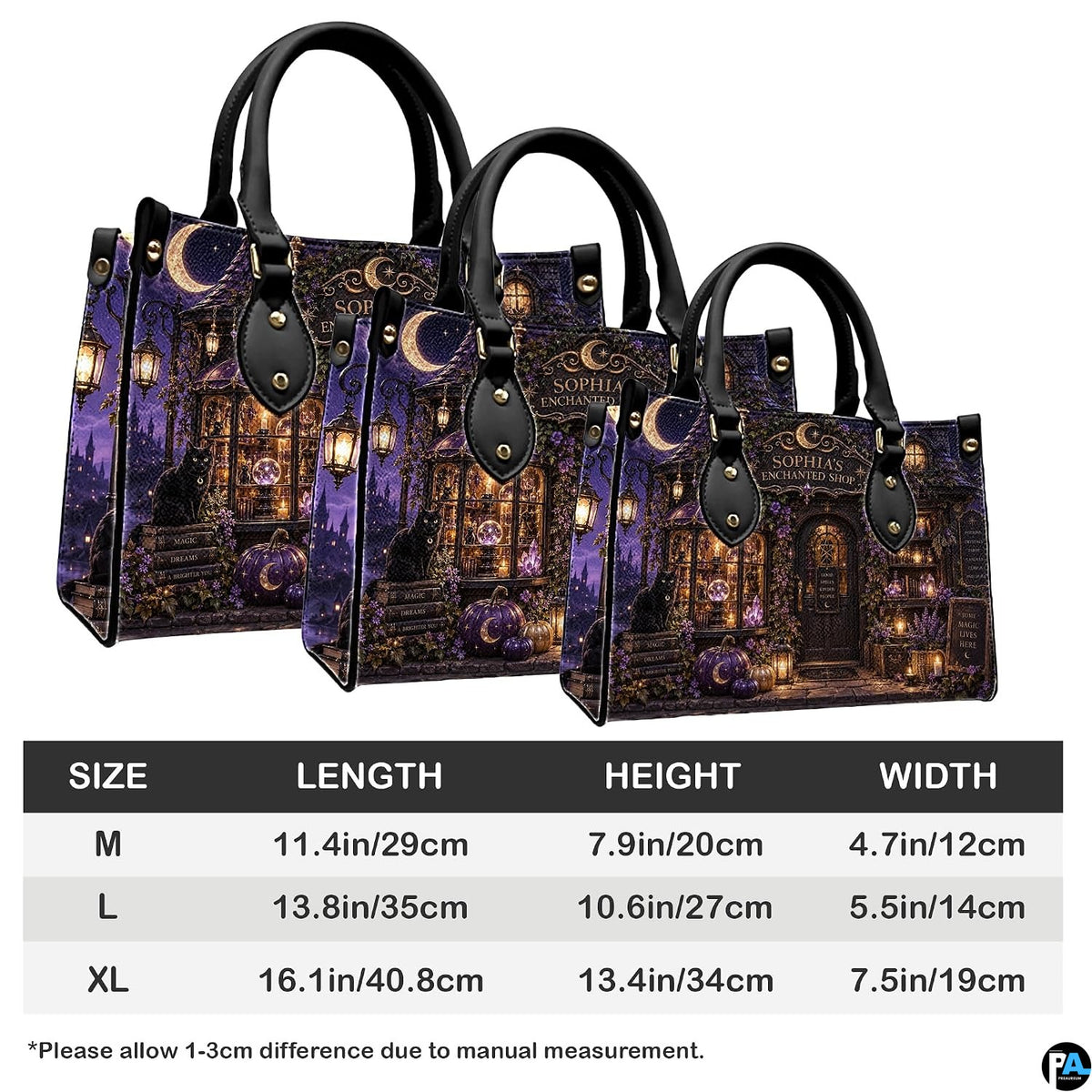 Witch cottage handbag on white table beside floral bouquet with texture swatch inset.