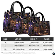Witch cottage handbag on white table beside floral bouquet with texture swatch inset.