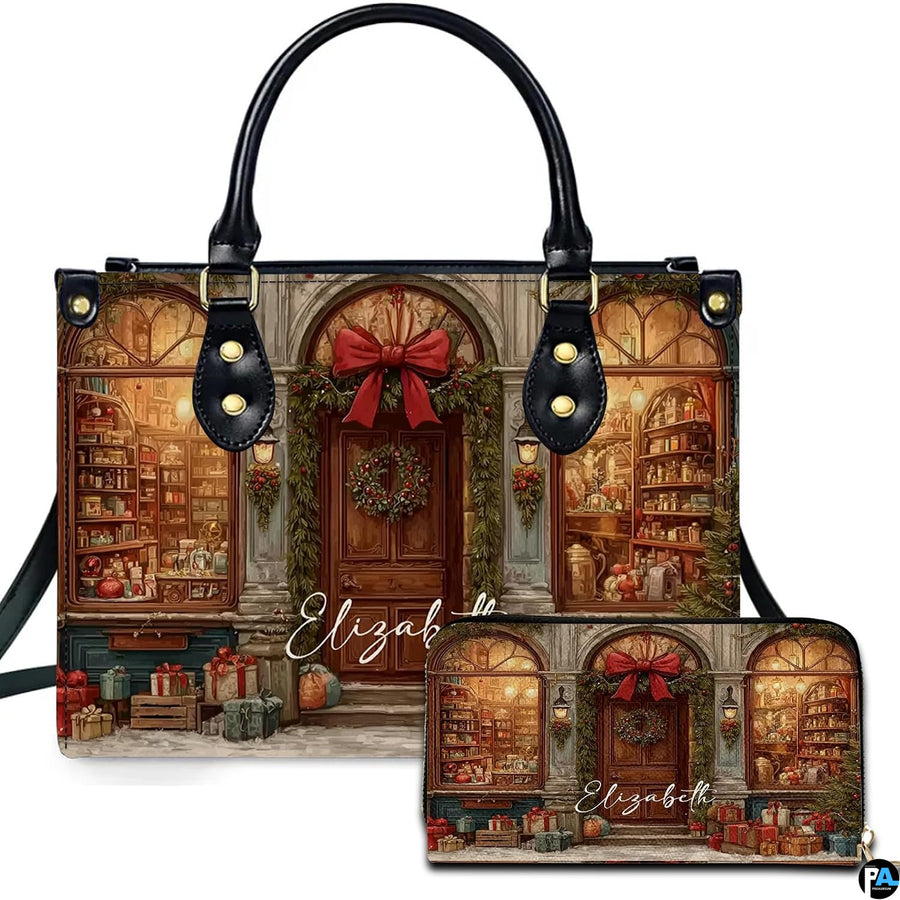 Victorian Christmas shop handbag and matching wallet set featuring an illuminated toy store storefront.