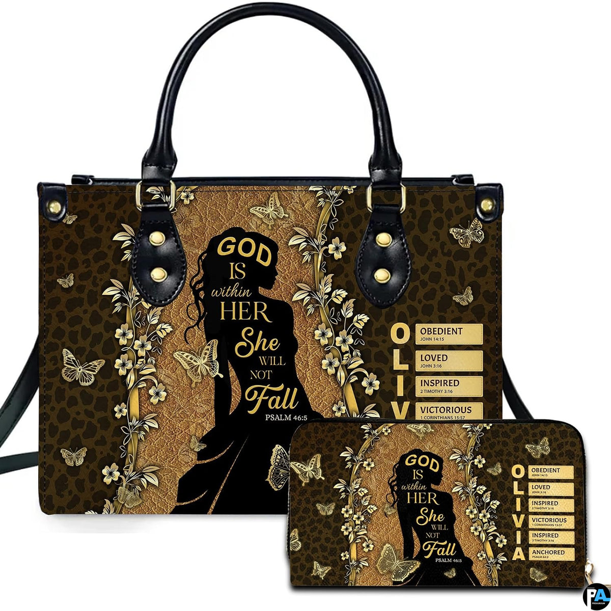 Front view of faith woman silhouette handbag and matching wallet with gold butterflies and cheetah print.
