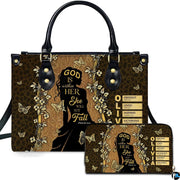 Front view of faith woman silhouette handbag and matching wallet with gold butterflies and cheetah print.