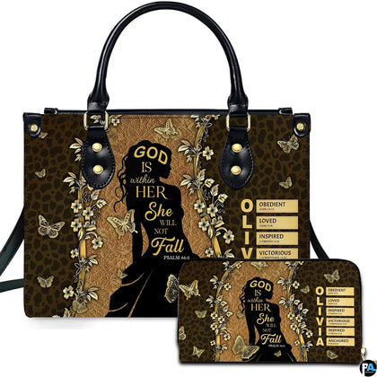 Front view of faith woman silhouette handbag and matching wallet with gold butterflies and cheetah print.