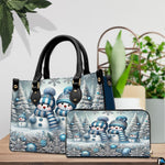 Side perspective view of winter wonderland handbag highlighting structured shape and carrying handles.