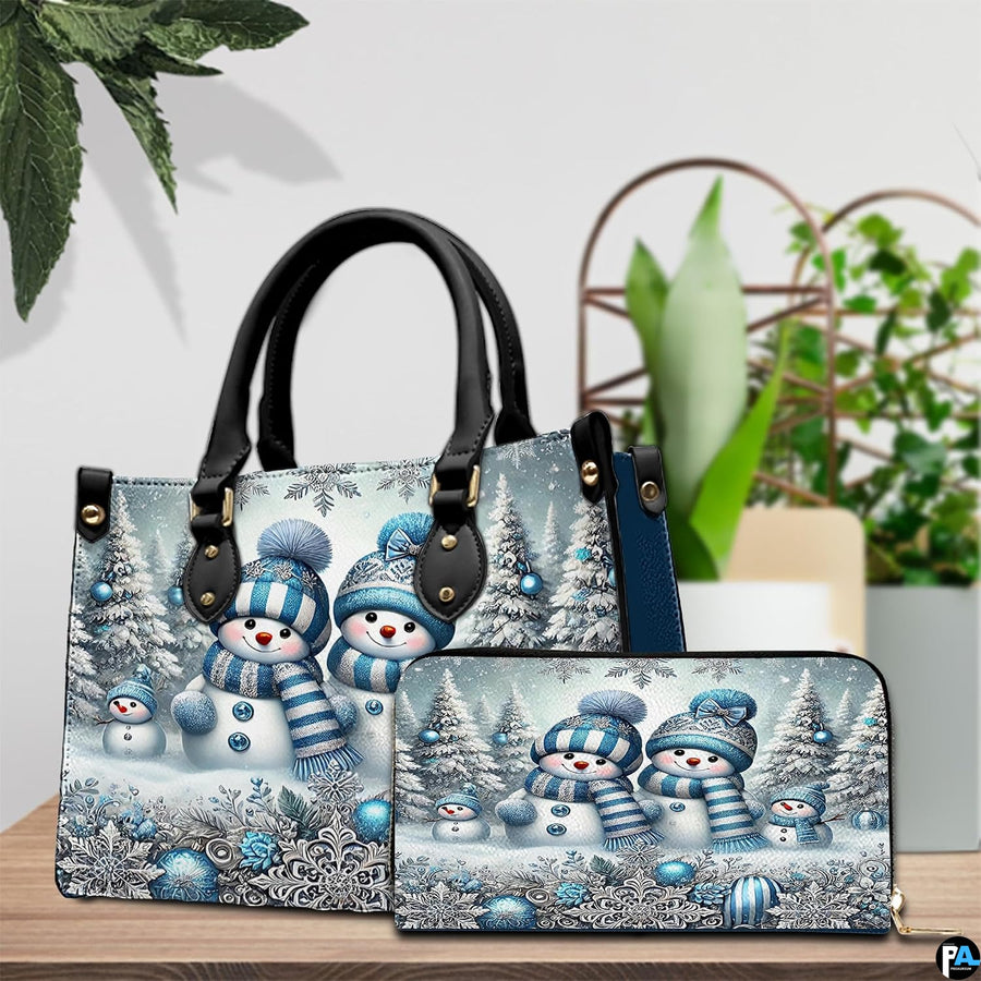 Side perspective view of winter wonderland handbag highlighting structured shape and carrying handles.