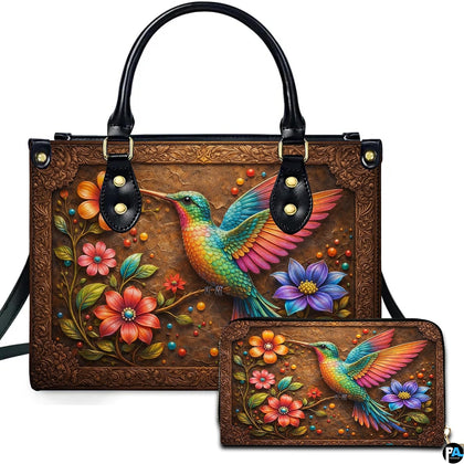 Bronze-toned handbag and matching wallet set featuring rainbow hummingbird and filigree frame.