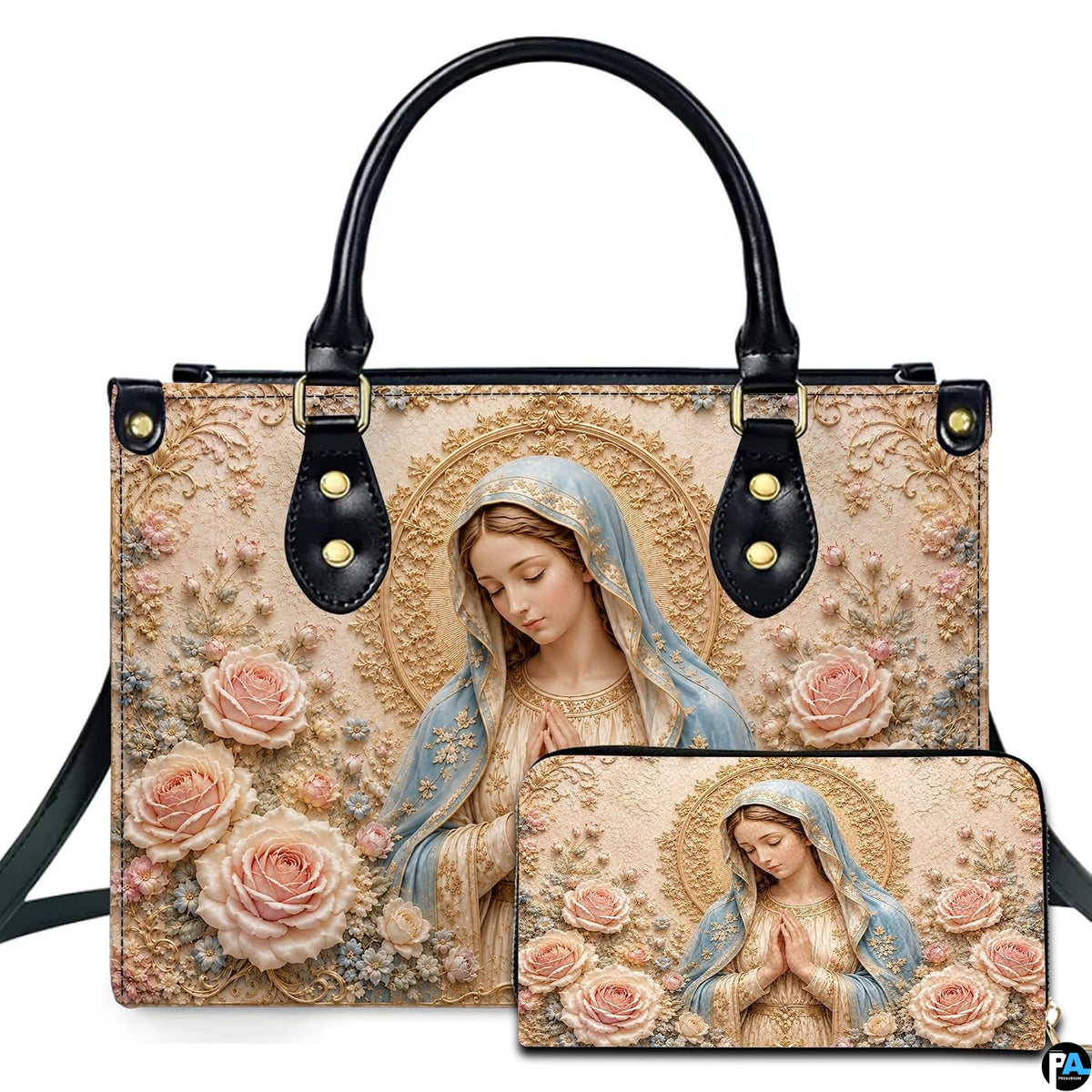 Baroque praying Virgin Mary artwork on coordinated handbag and wallet set
