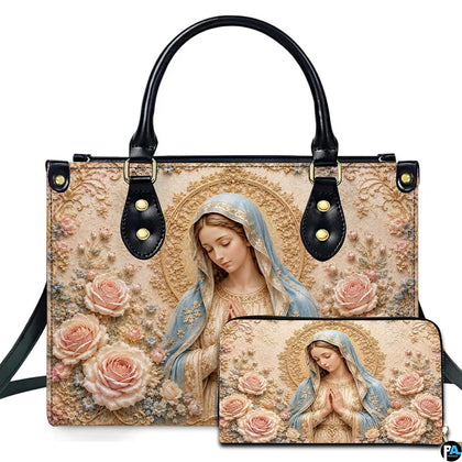 Baroque praying Virgin Mary artwork on coordinated handbag and wallet set