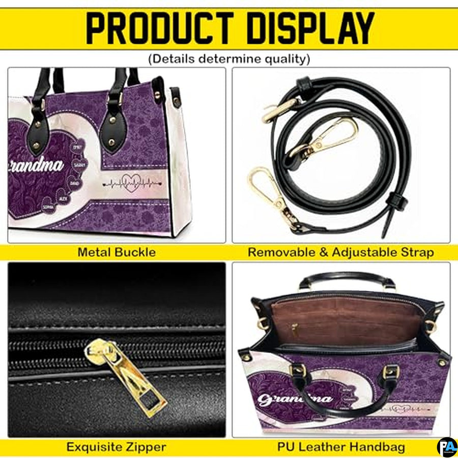 Mothers Day Gift Leather Bag- Personalized Grandmas Purse With Grandkids Names, Grandma Handbag Birthday Gifts For Mom Women