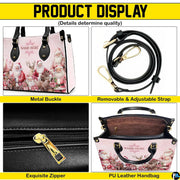 Product display highlighting gold buckles, detachable shoulder strap, top zipper closure, and interior lining.