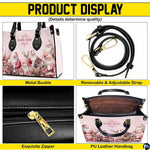 Product display highlighting gold buckles, detachable shoulder strap, top zipper closure, and interior lining.