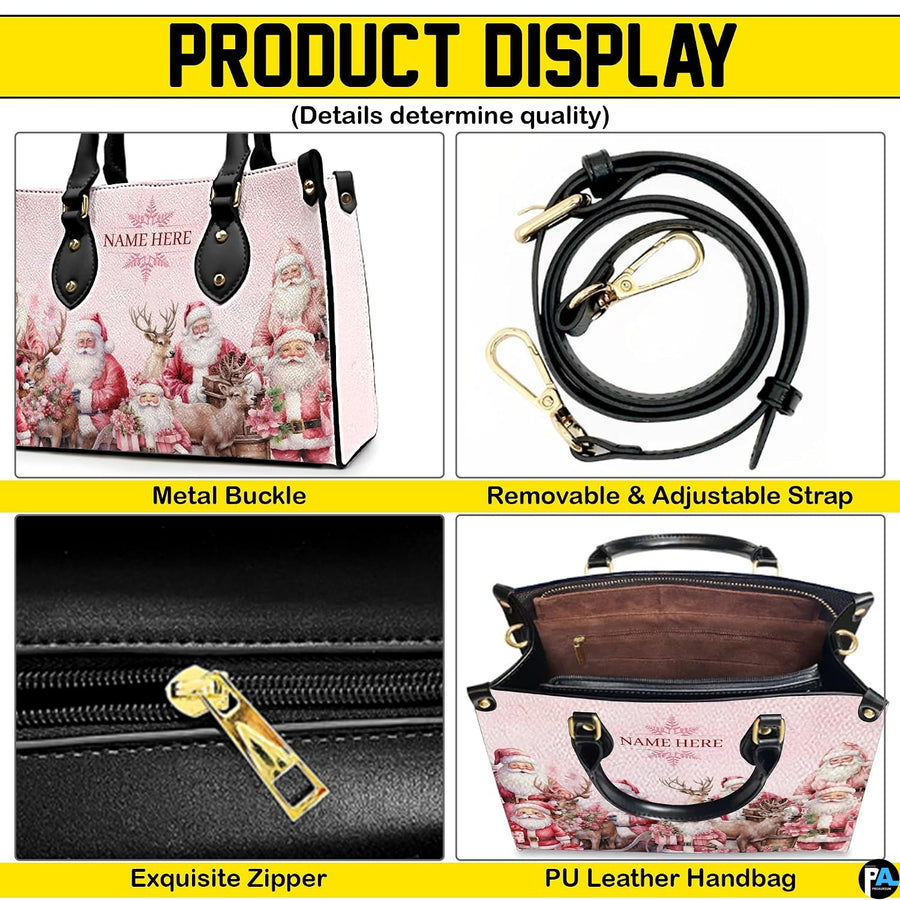 Product display highlighting gold buckles, detachable shoulder strap, top zipper closure, and interior lining.