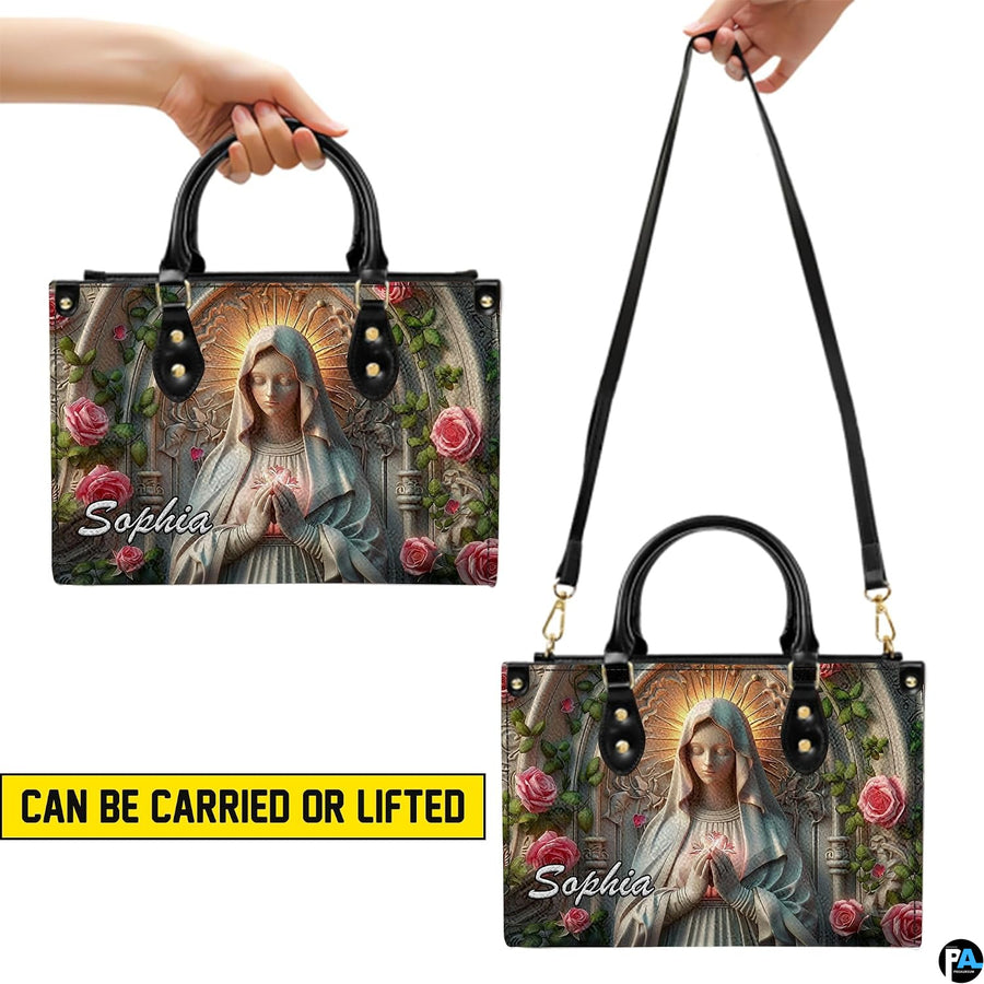 Complementary view of sculpted stone relief Madonna artwork across both accessories