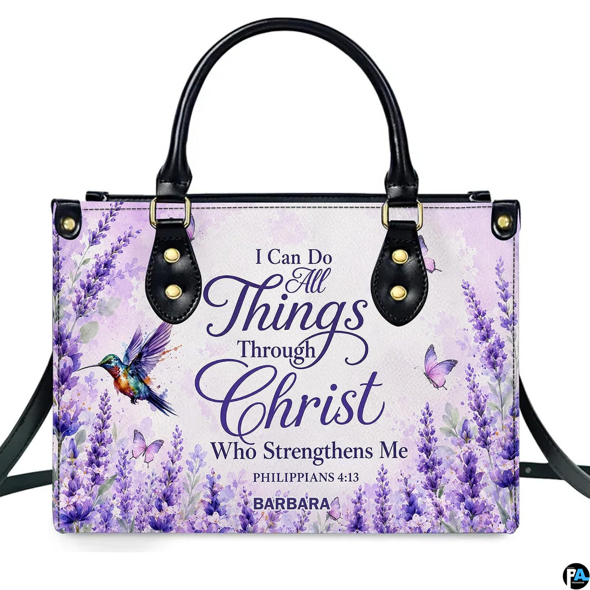 Close-up detail of hummingbird, butterflies, and scripture typography