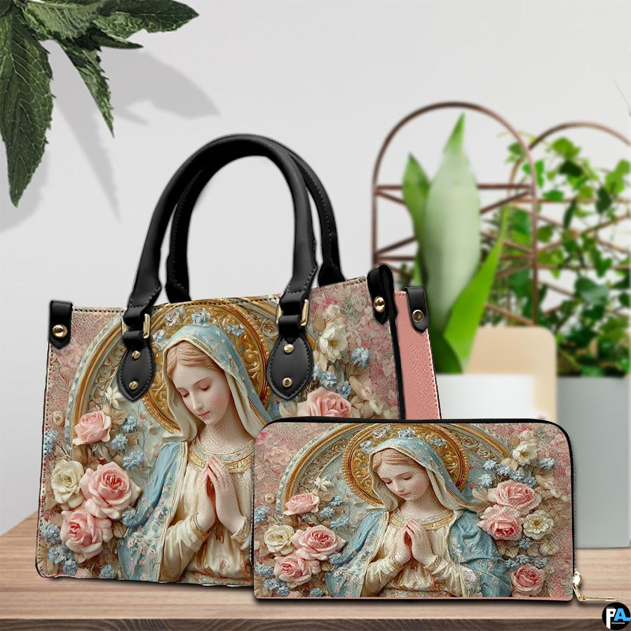 Side profile view of structured Madonna handbag showing silhouette and black carry handles