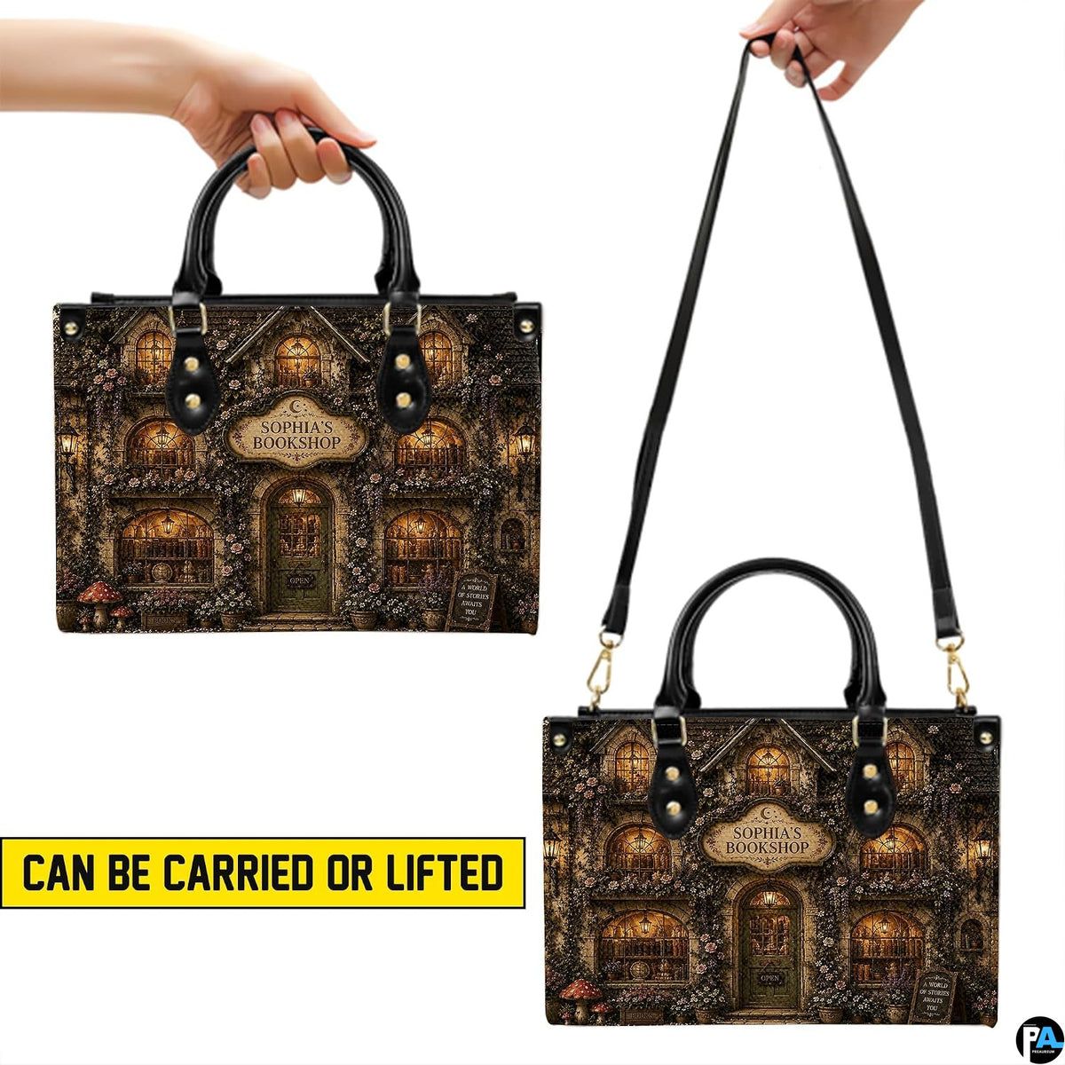 Carrying demonstration showing handheld and shoulder methods for the bookstore art accessory.